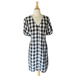 LOFT Gingham Linen Blend Button Up Dress Black White Preppy Girly Casual Size 10